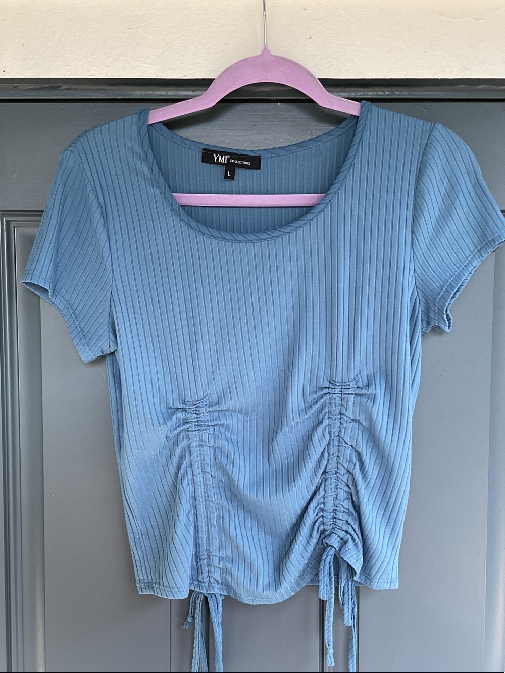 YMI Dusty Blue Ribbed Short-Sleeve Drawstring Crop Top, Size L
